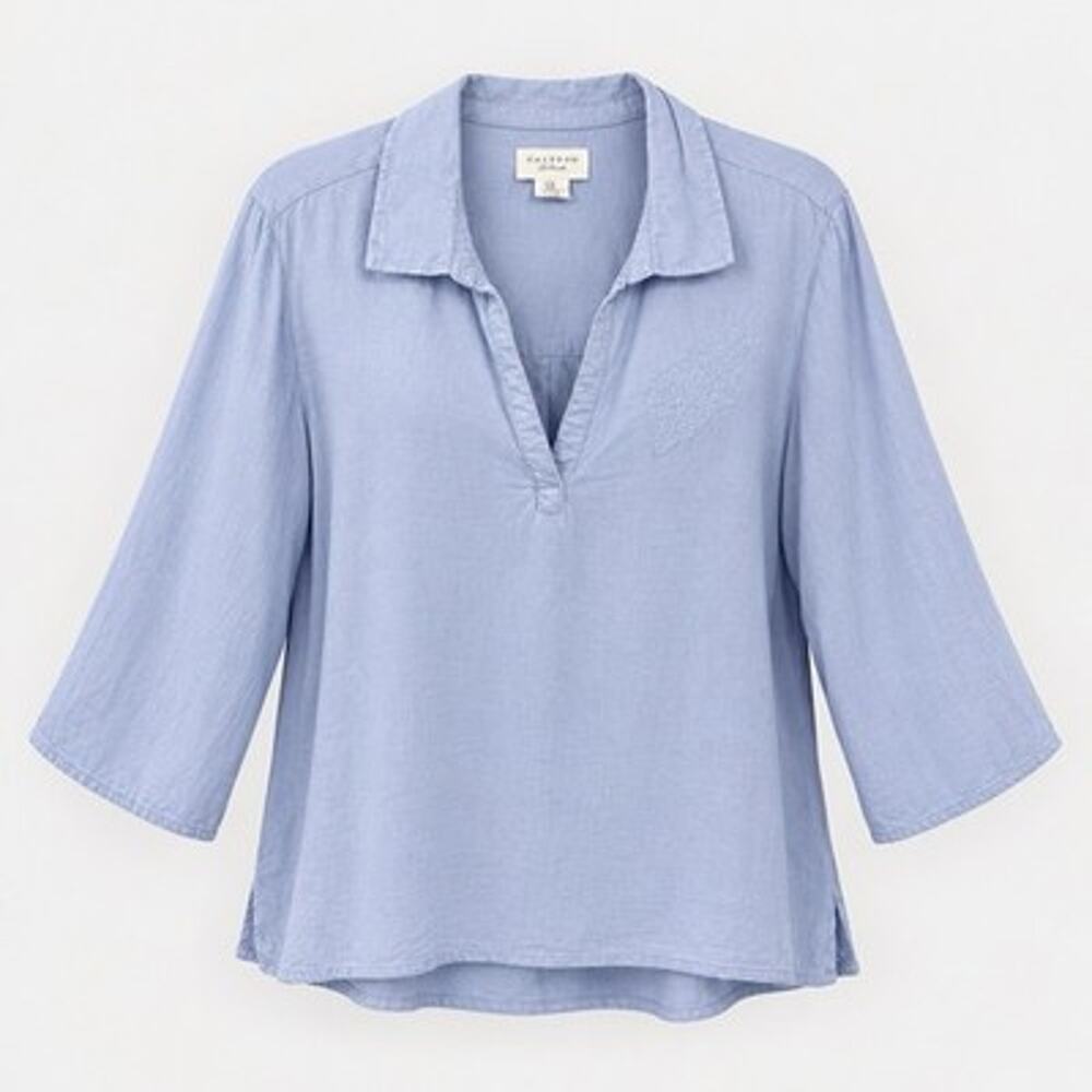 Calypso St Barth Linen Blend Popover Top Womens size 2X Blue Shell Embroidered